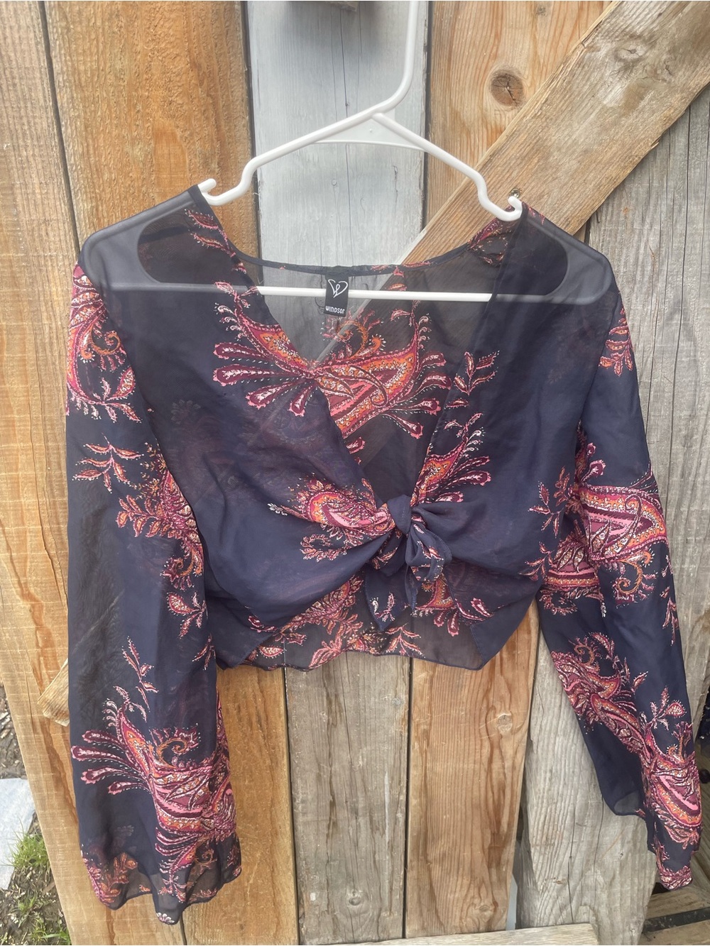 Sheer Dark Blue Paisley Tie-Front Crop Top